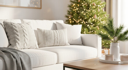 Cozy living room with white sofa adorned with knitted pillows, decorated Christmas tree in the background creating a warm festive atmosphere