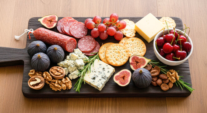 Assorted gourmet cheese and charcuterie board featuring fresh fruits, nuts, and crackers arranged beautifully on a wooden serving platter - Powered by Adobe
