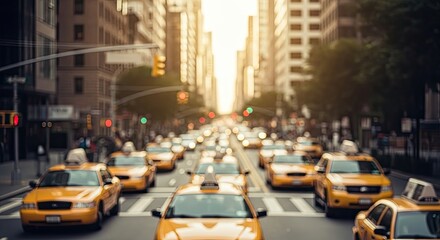 A busy city street with yellow taxis and traffic lights, with a blurred effect to emphasize motion.