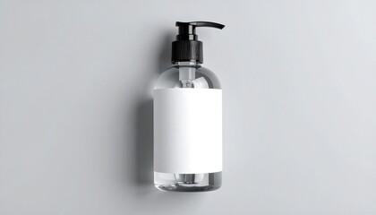 Clear Hand Sanitizer Bottle with Blank Label on Gray Background.