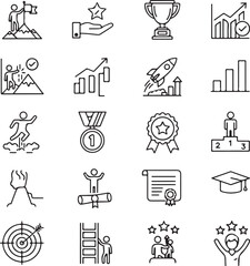 Set of outline icons symbolizing success achievement and goals climbing mountain flag