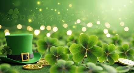 Leprechaun hat and gold coins on a green shamrock background with a festive green and gold color scheme.