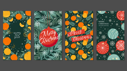 Set of templates for mobile greetings, Merry Christmas and New Year advertising banners. Colorful design with tangerines, oranges, Christmas tree branches, balls. Vector Covers for social Media