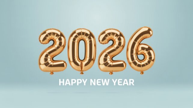 Happy new year 2026 golden foil balloon number on blue background