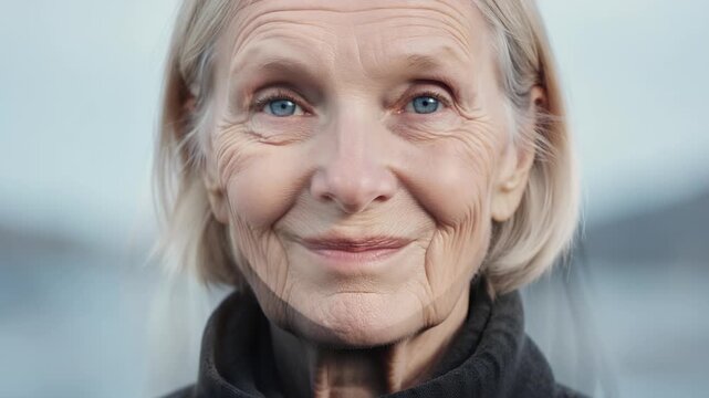 Close Up Timelapse of Female Face Becoming Elderly. Beautiful Scandinavian Nordic European woman.