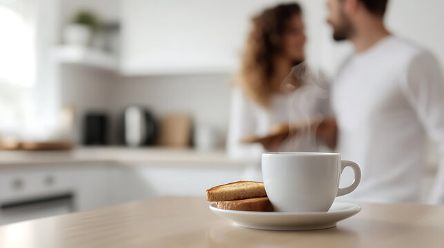 A warm beverage and toast await a couple starting their day in a bright, modern kitchen. A cozy moment amidst sleek design, focusing on simple pleasures. - Powered by Adobe