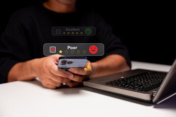 A person evaluates a service using a smartphone, displaying ratings: excellent, average, and poor, emphasizing feedback in a digital environment.