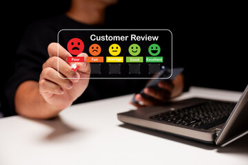 A person rates a service using a digital customer review system, displaying emotions ranging from poor to excellent.
