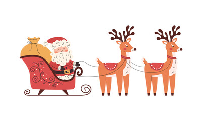 Santa Claus riding sleigh with reindeer and gift bag. Cozy flat festive scene full of holiday spirit. Perfect for Christmas cards, packaging, web, and seasonal design in cheerful modern style.