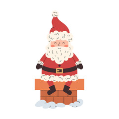Obraz premium Santa Claus sitting on chimney after delivering gifts. Cute flat Christmas character with cozy winter feeling. Perfect holiday element for cards, packaging, branding, and festive decoration.