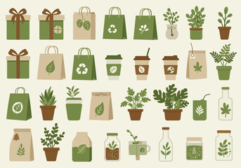 Collection of hand drawn eco friendly and sustainable product illustrations.