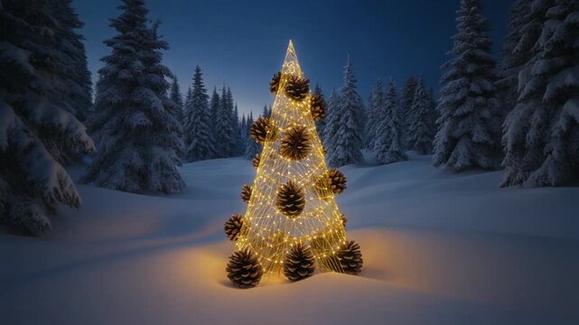 Enchanted Winter Wonderland: Illuminated Christmas Tree in a Snowy Forest