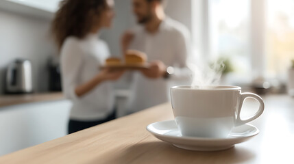 Morning bliss: Couple sharing breakfast in a bright kitchen, a steaming cup of coffee on the counter, warmth and connection at home. Breakfast together makes for the best day.