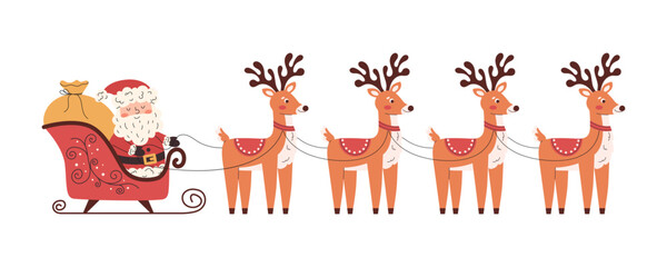 Santa Claus with cheerful reindeer team. Joyful Christmas ride across snowy winter night. Cozy festive scene for holiday cards, wrapping, and seasonal decor. Cute minimal flat style in warm tones.
