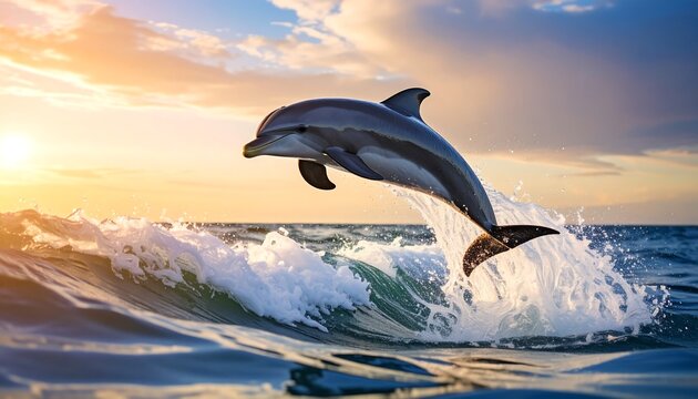 Dolphin leaping at sunset