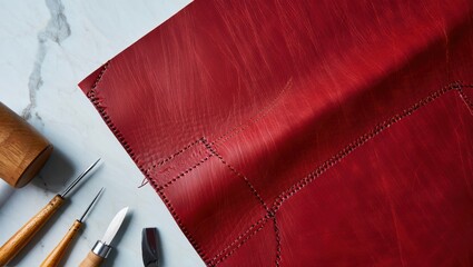 Red leather piece with stitching tools, showcasing craftsmanship and quality