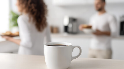 A serene start to the day with a full cup of coffee set on a table, while a couple stands in the background of a modern kitchen, creating a moment of peace.