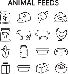 Vector monochrome line icon set about animal feed