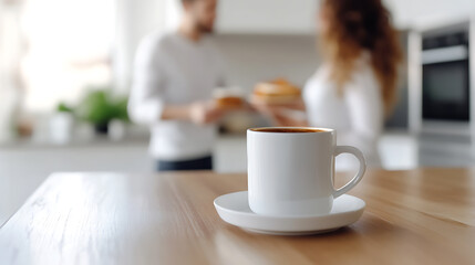 A sleek white coffee mug sits on a wooden table in a modern kitchen, a couple in the background adds a sense of home and warmth to the scene. A perfect blend of simplicity and comfort.