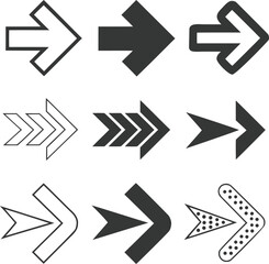 Nine dark gray and outline arrow icons in various designs direction pointer