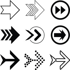 Nine black and white arrow icons with different styles and directions pointer symbol