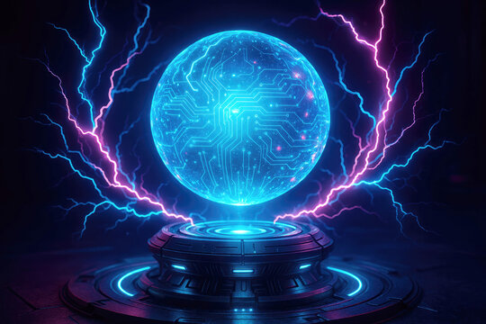 Glowing blue sphere with circuit board patterns and electric energy globe artificial intelligence