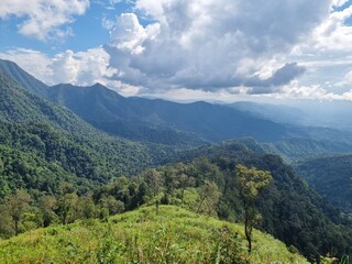 Mountain View Landscape: Majestic mountain ranges stretch towards a cloudy sky, panoramic scenery of untouched natural beauty, lush greenery covers the rugged terrain. 
