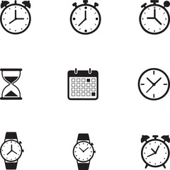Set of black silhouette icons representing time and scheduling clock watch