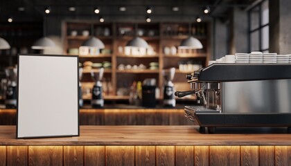 A stylish luxury coffee shop counter featuring a clean blank menu board ready for custom branding.