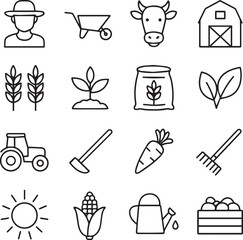 Vector monochrome line icon set about agriculture