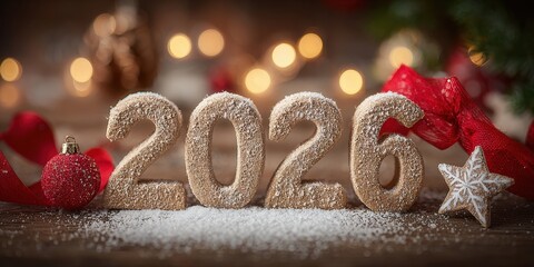 Festive 2026 Numbers Made of Cookies Surrounded by Christmas Decorations and Twinkling Lights on Wood
