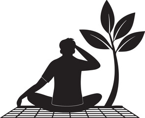 Silhouette of a person meditating next to a stylized tree on a mat meditation yoga