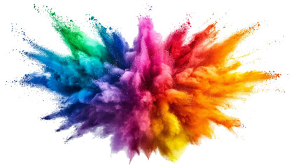 Explosion of colorful powder clouds creating abstract rainbow energy burst. Vibrant explosion of colorful holi paint powder in the air, creating a rainbow effect against a white background.