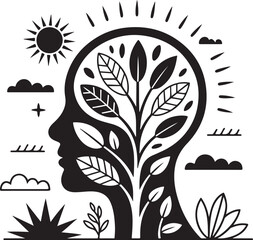 Silhouette of Head with Growing Plant and Nature Elements on White Background growth