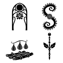 Four vintage style design elements, arch, letter, wood