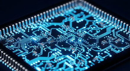 Closeup of a glowing blue circuit board with intricate patterns and connections on dark background