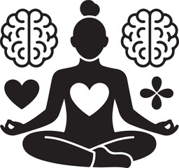 Silhouette of person meditating with brains and heart symbols Keywords: meditation, silhouette