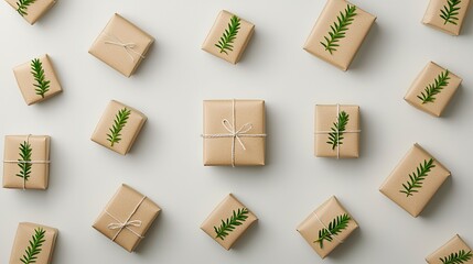 Festively wrapped gifts with green accents arranged on a light background for a special occasion celebration