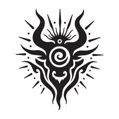 Naklejka premium Mystical black tribal bull head symbol with swirling center and radiant sunburst rays on white background
