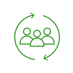 Green circular arrows around three person icons representing teamwork and collaboration isolated on transparent background