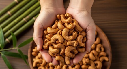 Hands holding roasted cashew nuts with bamboo stalks background