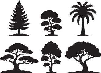 Silhouettes of six different types of trees on a white background nature forest