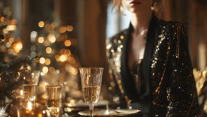 Luxury Christmas Aesthetic gold and black theme, champagne glasses