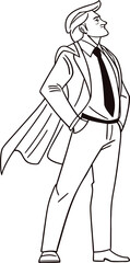 Superhero businessman standing confidently with cape flowing suit