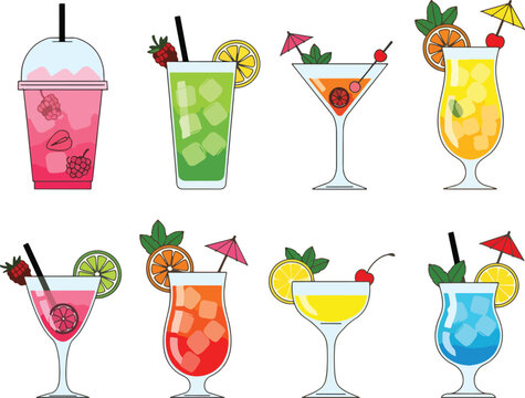 Collection of colorful tropical cocktails, perfect for summer and vacation themes