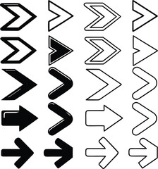Twenty arrow icons in black and outline styles arranged in rows direction pointer
