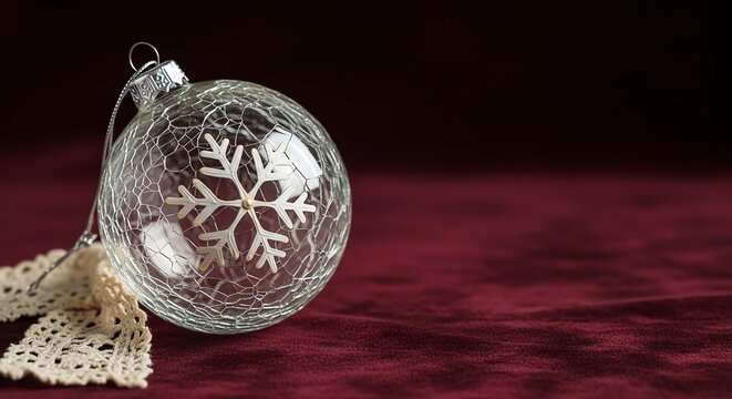 Glass Christmas ornament with snowflake on rustic red background  
