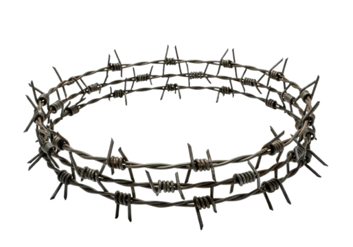 Barbed wire crown isolated PNG, sharp metal fence element on transparent background, dangerous security barrier for graphic design