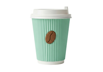 Mint green coffee cup with coffee bean logo isolated PNG, takeaway drink for coffee shop and cafe branding