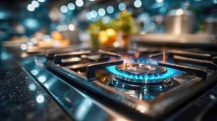 Blue flame burning on a modern gas stove, representing cooking, energy, and home warmth